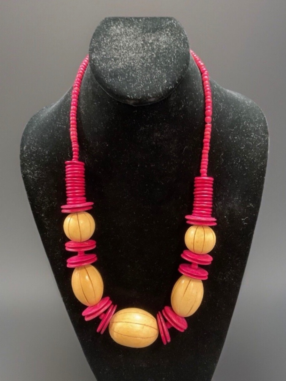 Vintage BOHO Chunky Wooden Pink Tan Beaded TRIBAL Statement Necklace 25” L